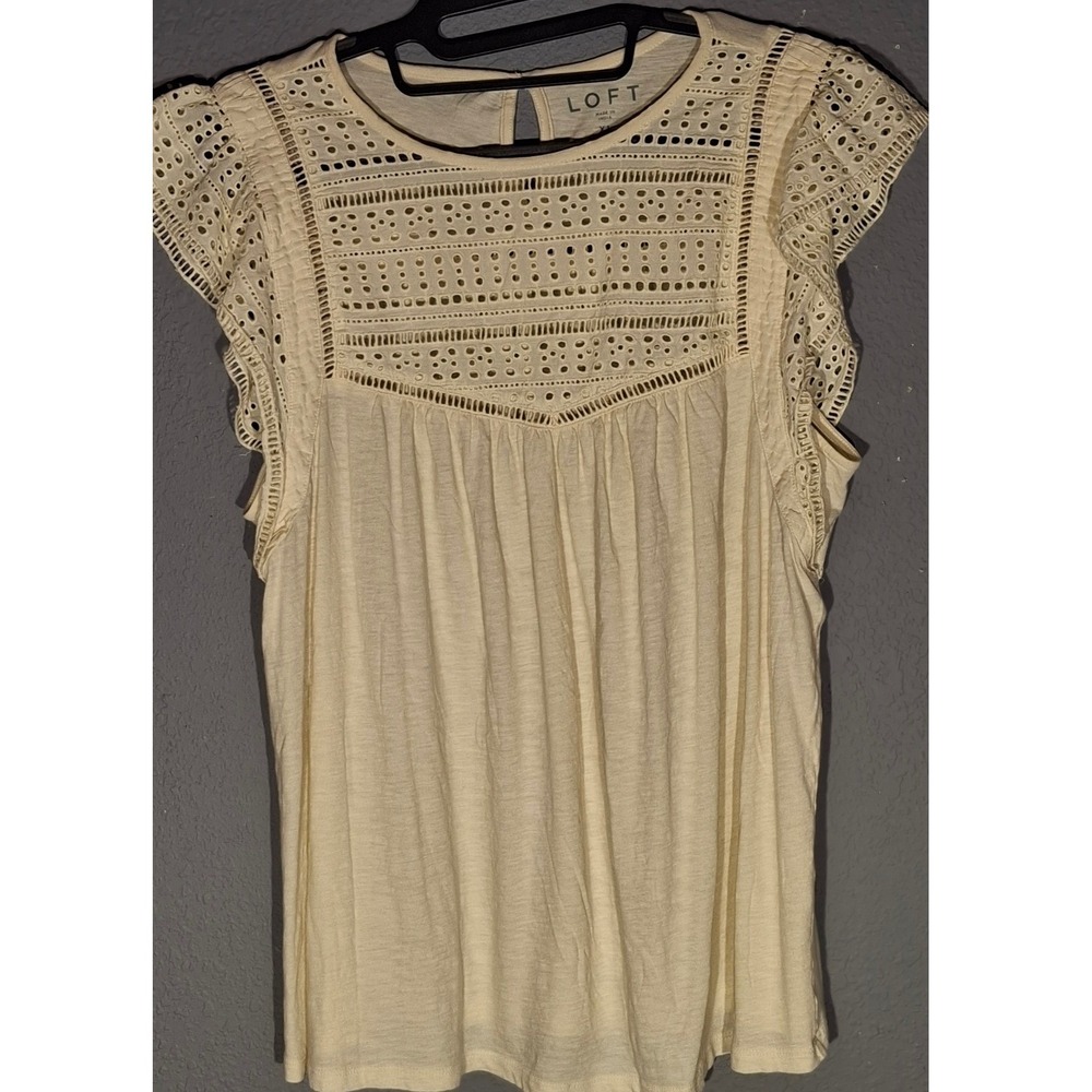 Loft Womens XL Cream Eyelet Flutter Sleeve Cotton Boho Blouse Top